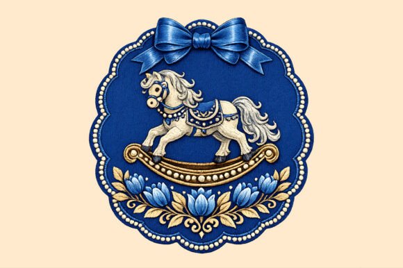 Cute Bow Rocking Horse Embroidery PNG