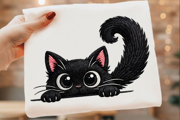 Funny Black Cat Embroidery Illustration