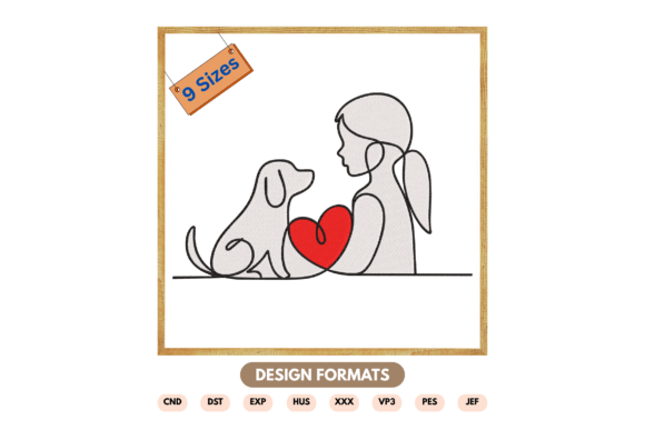 Girl and Dog with Heart Embroidery File